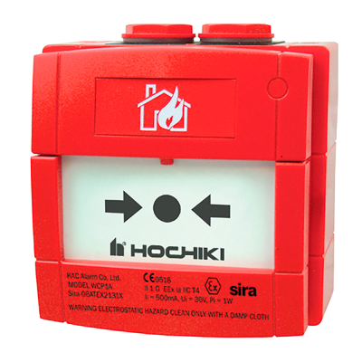 Dispositivo de alarme de incêndio vermelho HOCHIKI com texto e símbolos