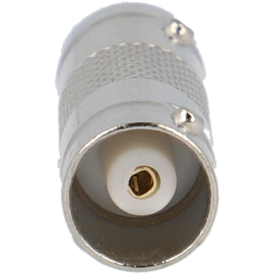 Adaptador de conector BNC metálico prateado com interior branco e textura estriada