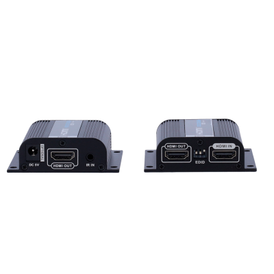 Dois módulos pretos com entradas HDMI e etiquetas sobre fundo branco