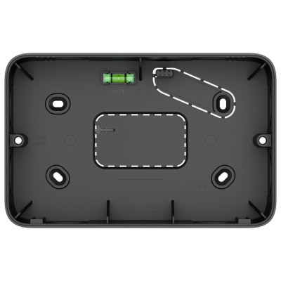 caixa suporte retangular plástico preto com nível bolha verde e aberturas para parafusos