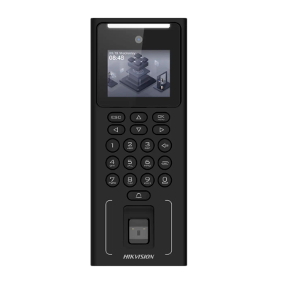 Leitor biométrico preto HIKVISION com ecrã e teclado numérico