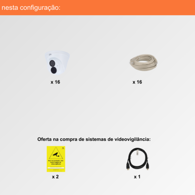 Componentes de sistema de videovigilância com câmaras, cabos, gravador e acessórios