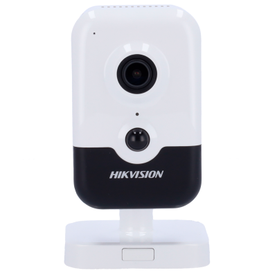 Câmara de vigilância HIKVISION branca e preta com base branca.