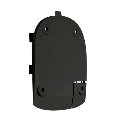 Peça plástica cinzenta escura com furos para parafusos e ranhura, fundo preto