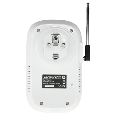 Repetidor de sinal branco com antena metálica ajustável e etiqueta técnica