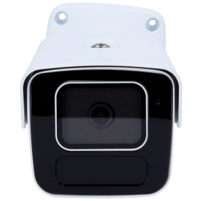 Câmara de segurança branca e preta com lente central e montagem com parafusos