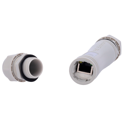 Conector industrial branco com conector RJ45 e anel preto de vedação