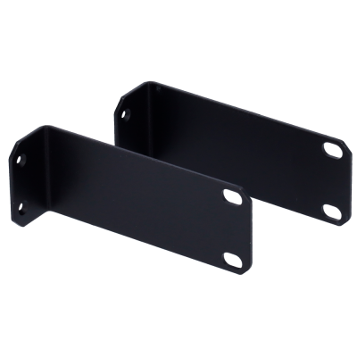 Dois suportes metálicos pretos em L com orifícios para parafusos