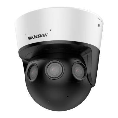 Câmara de segurança HIKVISION com três lentes em corpo preto e branco
