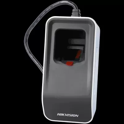 Leitor biométrico preto e cinzento com cabo e texto HIKVISION