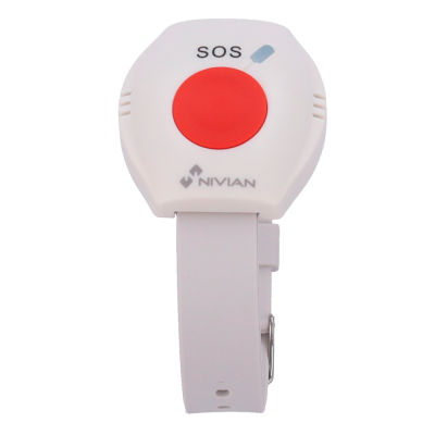 Pulseira branca com botão vermelho SOS e logotipo NIVIAN