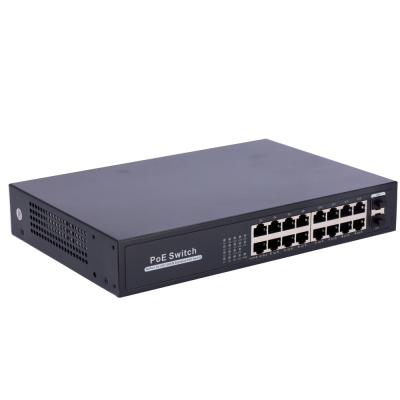Switch de rede PoE preto com 16 portas Ethernet