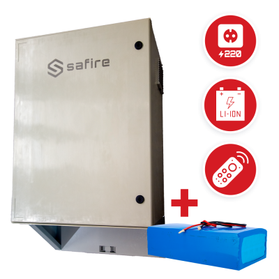 Equipamento de segurança Safire bege com bateria azul e ícones explicativos em fundo branco