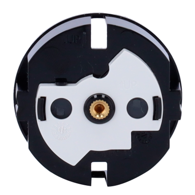 Componente elétrico redondo preto e branco com parafuso central dourado.