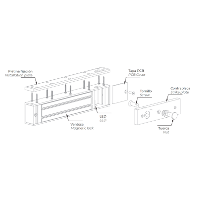 Diagrama de fecho magnético com componentes rotulados em espanhol e inglês