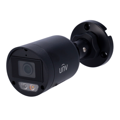 Câmara de segurança preta com suporte e logo unv