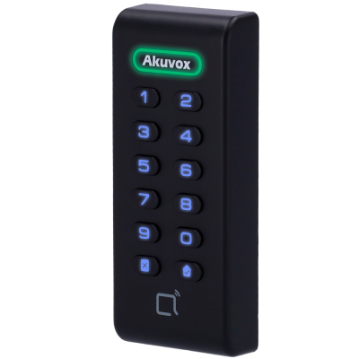 Teclado numérico preto Akuvox com botões iluminados a azul e indicador luminoso verde