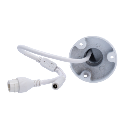 Produto eletrônico com base redonda cinza e cabos brancos conectados a conectores diversos