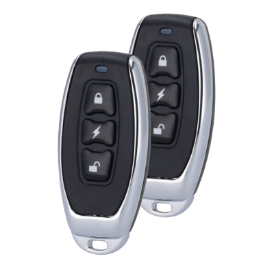 Dois comandos remotos pretos com botões e bordas prateadas