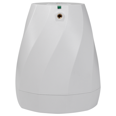 Dispositivo branco em padrão espiral com conector metálico circular no topo