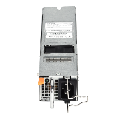 Módulo de fonte de alimentação metálico cinzento Ruijie com etiquetas e trava.