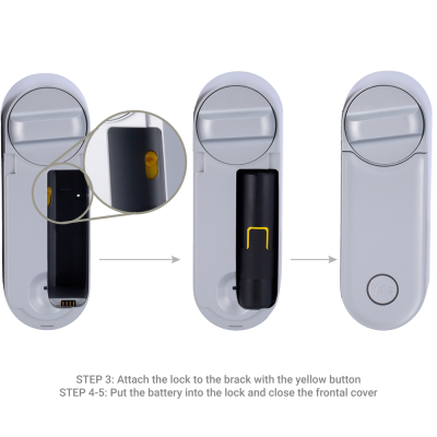 Dispositivo de bloqueio branco com compartimento de bateria preta e instruções em inglês