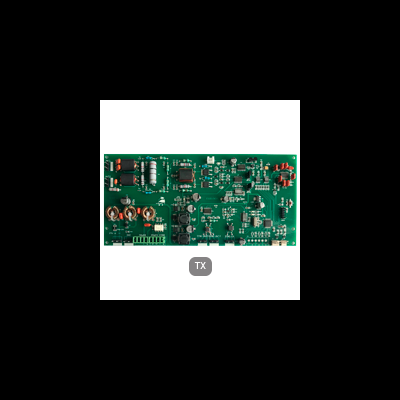 Placa eletrónica verde com componentes e texto TX