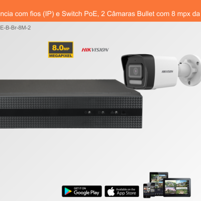 Sistema de Videovigilância com 2 câmaras bullet e gravador da Hikvision em fundo branco