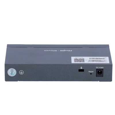 Dispositivo eletrônico cinzento ZyXEL com botão reset e entrada DC 54V