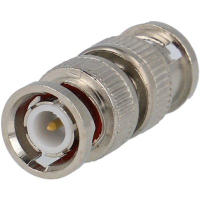 Conector BNC metálico prateado cilíndrico com isolamento branco central