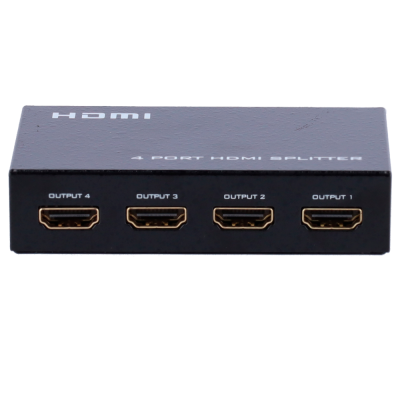 Dispositivo HDMI splitter preto com quatro portas de saída