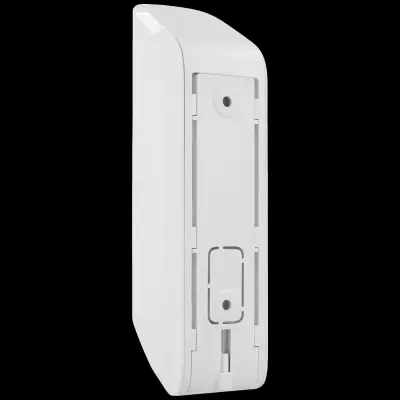 Vista lateral de produto branco retangular com partes removíveis e acabamento em plástico liso