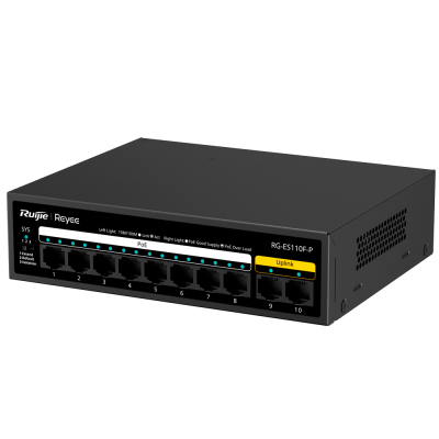 switch de rede Ruijie Reyee preto com 8 portas Ethernet e 2 portas Uplink amarelas