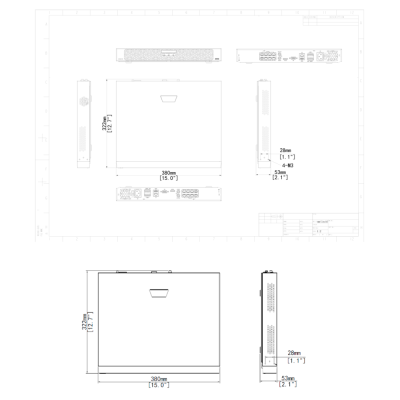 Desenho técnico do dispositivo eletrónico com várias vistas e dimensões.