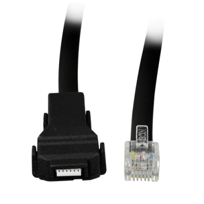 Cabo preto com conector RJ45 transparente e conector preto rectangular