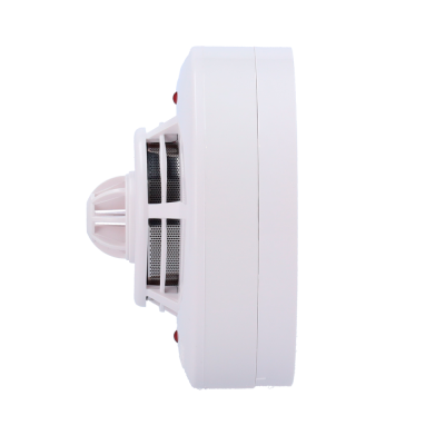 Detector de fumo branco com grelha metálica e botões vermelhos