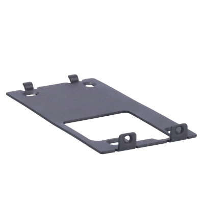 Suporte metálico preto retangular com recortes e abas