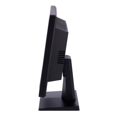 Monitor de computador preto de lado com suporte e base