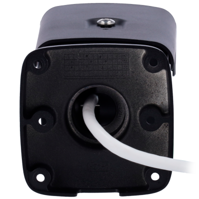 Dispositivo preto com cabo branco, parte traseira quadrada com cantos arredondados.