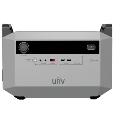 Dispositivo elétrico cinzento com várias portas e botão de ligar