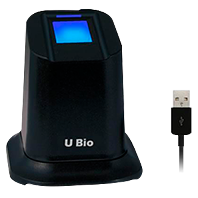Leitor biométrico preto com visor azul e cabo USB