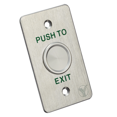 Botão metálico para porta com texto 'PUSH TO EXIT' em verde