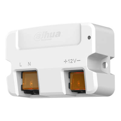Módulo eletrônico branco Dahua Technology com entradas L, N e +12V e fusíveis laranja