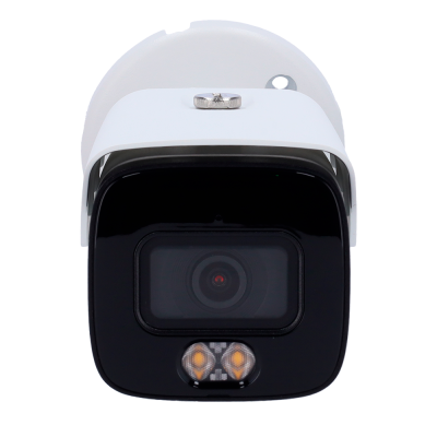 Câmara de segurança branca com lente preta e LEDs amarelos