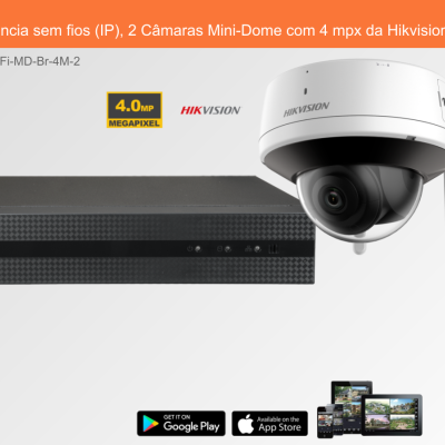 Sistema de videovigilância com duas câmaras mini-dome brancas e dispositivo preto