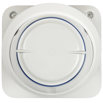 Tomada elétrica industrial branca com tampa circular e aro azul