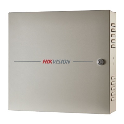 Armadura metálica cinza com fechadura e logotipo HIKVISION