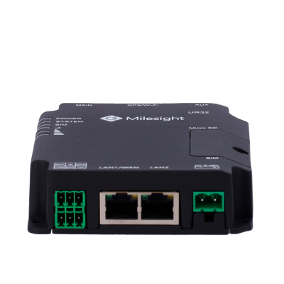 Dispositivo eletrónico preto Milesight com portas Ethernet, USB e conectores verdes