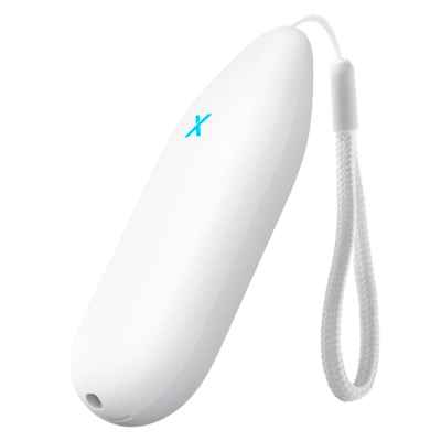 Dispositivo portátil branco com alça e símbolo azul