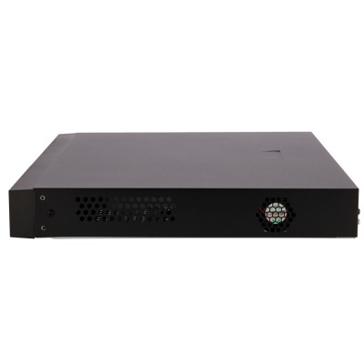 Dispositivo electrónico preto retangular com ventoinha e grelha de ventilação